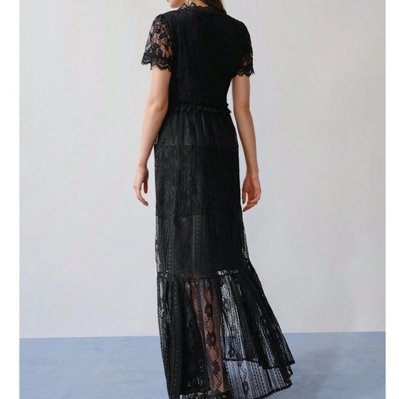 Luxe Black Floral Lace Short Sleeve Party Evening Formal Maxi Dress - Picture 4 of 7